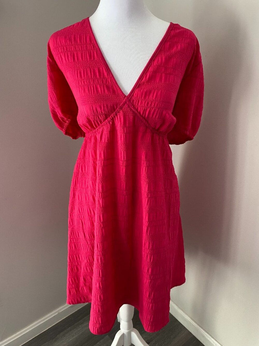 Pink Textured Puff Sleeve Dress